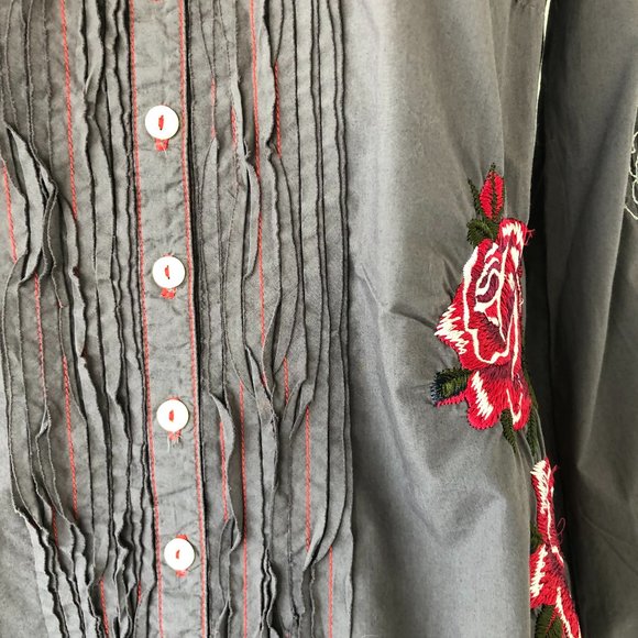 Embroidered Purple Grey Button Front Shirt - Picture 2 of 9